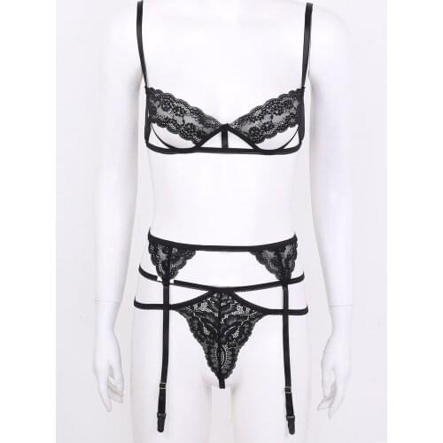 Womens Lace Sissy Lingerie Exotic Sets Shoulder Strap Underwired Unlined Bra with Strappy G-string Underwear Panties Garter Belt