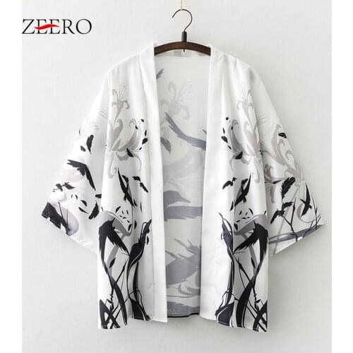 2021 Harajuku Summer Birds Print Womens Tops Cardigan Jacket Female Casual Loose Half Sleeve Shirts Coat Blouses Top Streetwear