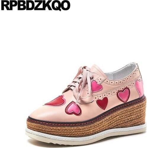 High quality heels 2019 lace up 3 inch women platform wedge shoes genuine leather pink european pumps square toe size 4 34 black