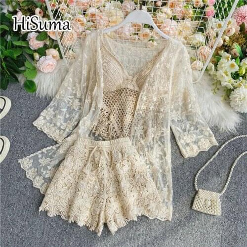 2021 spring New Women Vacation suit sexy strap knit tube top + lace blouse +high waist Wide leg shorts three Piece Sets