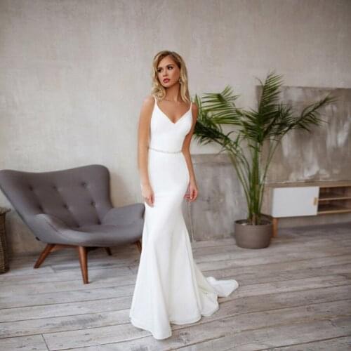 New Spaghetti Strap Mermaid Satin Wedding Dresses Beaded Belt Custom Made Bridal Gowns V-Neck Vestidos De Noiva