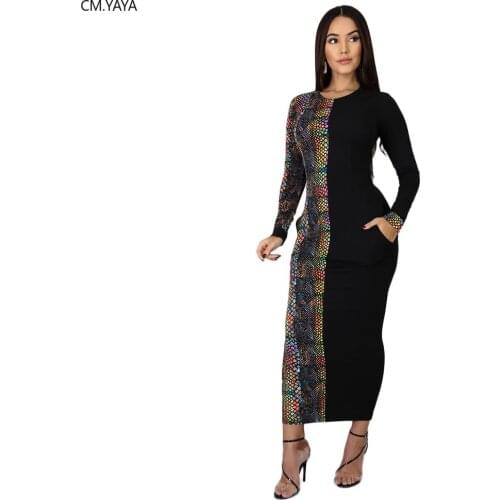 Women Winter Long Dress Full Sleeve Snakeskin Print Dress Pockets O-Neck Sexy Night Club Party Bandage Maxi Dresses Bodycon 6217