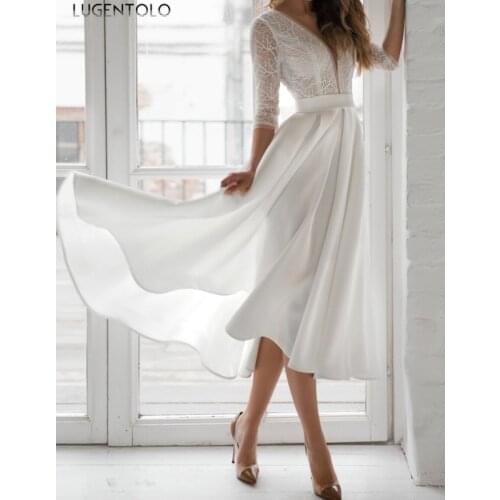 Sexy Dress Women Backless Lace V-neck Lace Party Slim Dresses Female Casual Empire Big Swing Spring Summer Dress Lugentolo