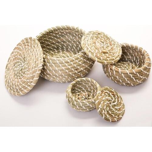 1 Set Straw Hand Woven Storage Baskets Wicker Basket With Lid Home Storage Organization (Assorted Color) MJ