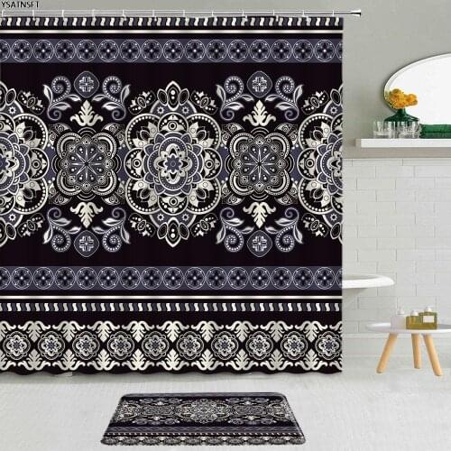 2Pcs Black White Geometric Flowers Shower Curtain Bohemian Ethnic Pattern Fabric Bathroom Curtains Decor Non-Slip Bath Mat Set