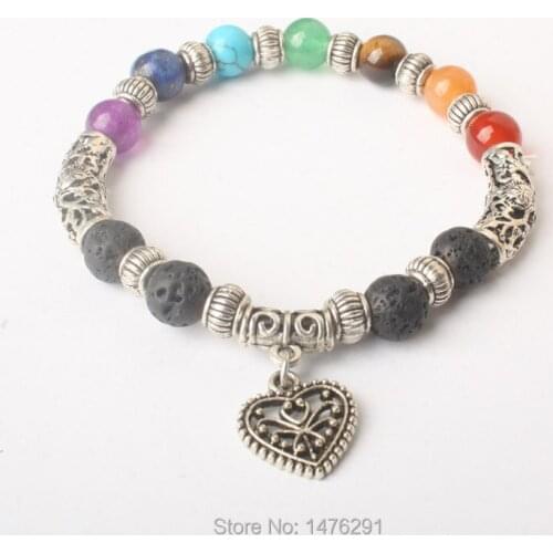 8X8MM Volcano Lapis Tiger Eye Carnelian Aventurine Round Beads Heart-shaped alloy Pendant Stretchy Bracelet Bangle 7"L