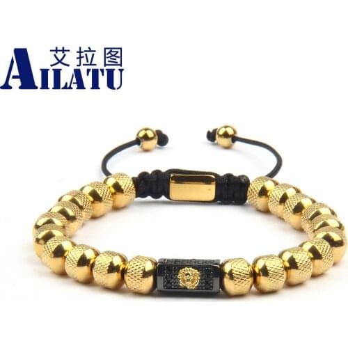 Ailatu Customizable Logo Luxury Men Lion Head Bracelet 8mm Stainless Steel Beads Fashion Weaving Jewelry Wholesale