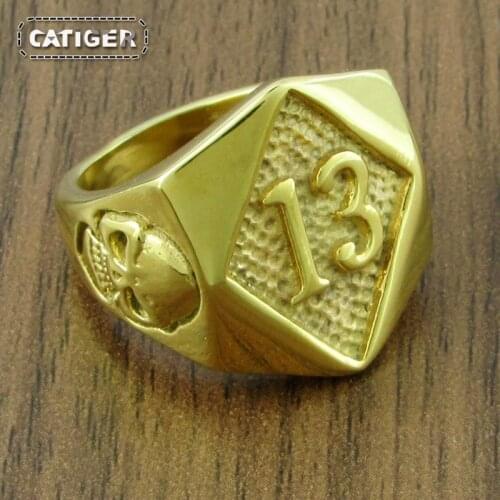 Free Shipping Classic 316L Stainless Steel Golden Plated Great Skull Head Lucky 13 Number Ring Jewelry