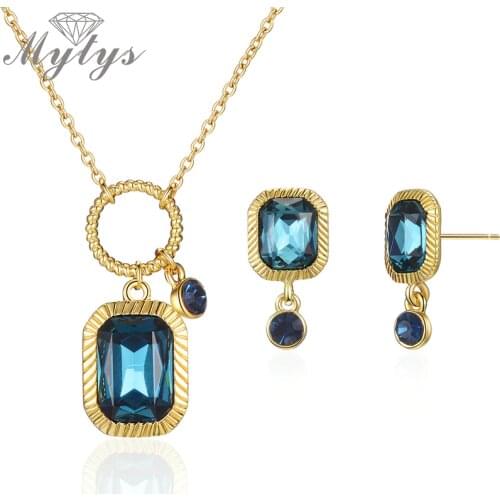 Mytys Brand Blue Stone Jewelry Sets for Women Fashion Crystal Pendant Necklace Earrings Sets Party Noble Jewelry