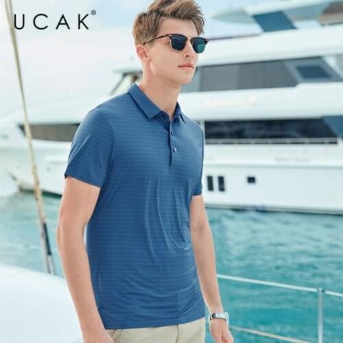 UCAK Brand Classic Turn-down Collar Striped T-Shirt Men Clothes Summer New Fashion Style Streetwear Casual Tee Tops U5609