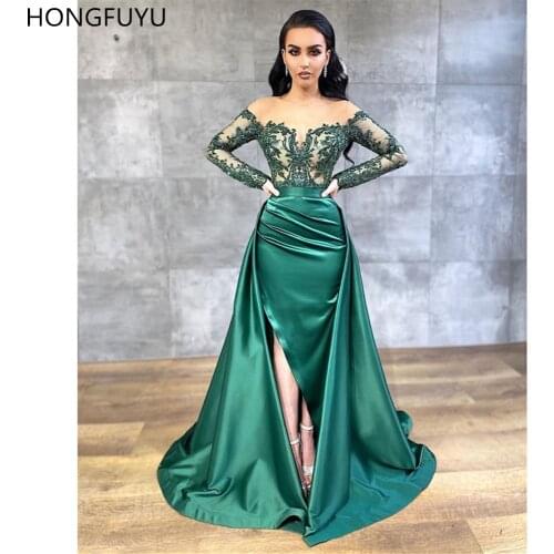 HONGFUYU vestido de fiesta Prom Dresses Satin Long Illusion Scoop Neckline sukienka wieczorowa Evening Gowns Removable Train