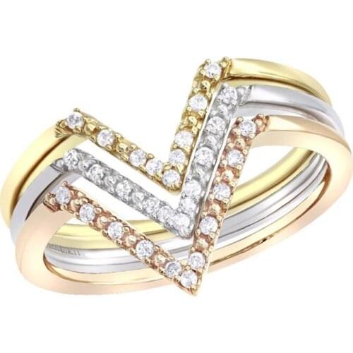 Classic 3pc/set "V" Shape Three-Color Rhinestone Crown Ring Set For Women Fashion Rings Jewelry Hand Accessories Size 5-11