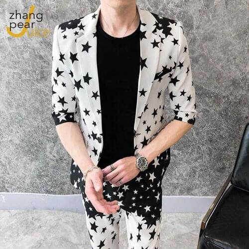 Mens Lapel Collar Slim Fit Two Piece Suit Set Male Blazer Jacket Coat Pencil Pants Trousers 2 Pcs Star Print Blazer Jacket Suit