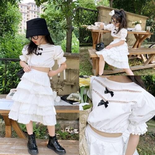 Gooporson Summer Fashion Kids Clothes Bow Tie Backless Shirt&lace Cake Skirt Little Girls Party Clothing Set Children Outfits