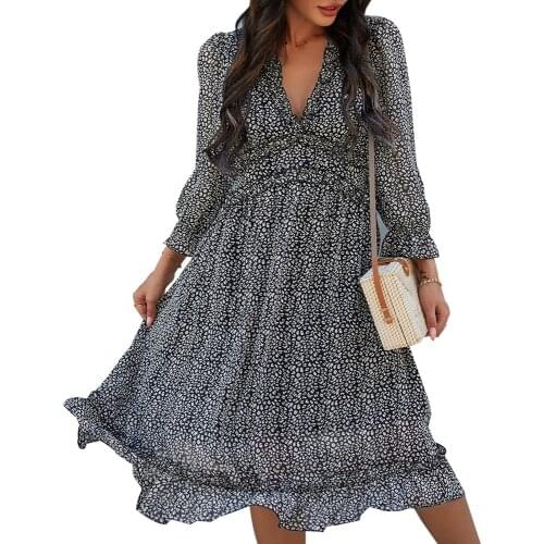 Fashion Women Floral Print Elegant Chiffon Dress Spring V Neck Button Office Lady Party Dress Summer Length Sleeve Beach Dress