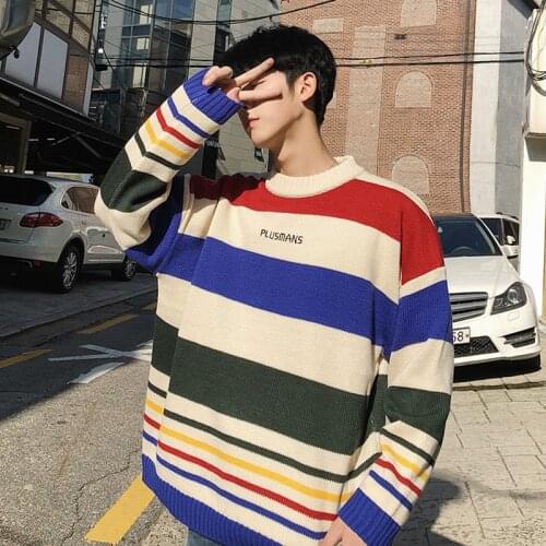 Fashion Casual Mens Sweater Spring And Autumn New M-2XL Stripe Loose Pullover Black And White Personality Youth Popular
