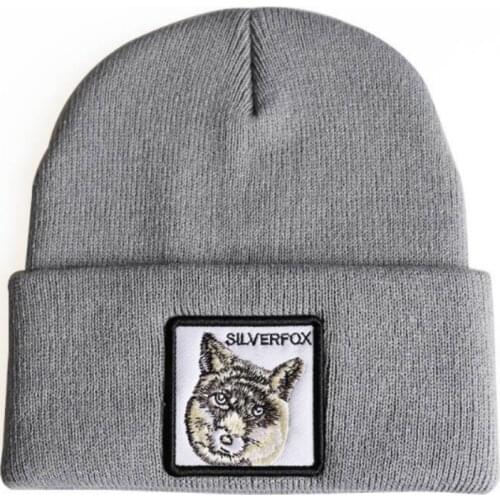 Animal Silver Fox Men Winter Hat Fashion Sports Warm Cap Embroidery Hip Hop Knitted Ski Hat Male Hiphop Earflap Skullies Bonnet