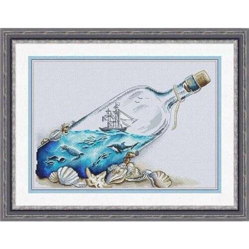Counted Cross Stitch Kit Ocean In a Bottle Marine Sea Memory Jar Ship Vessel and Fish Whale