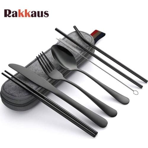 Dinnerware Set Travel Camping Cutlery Set Reusable Silverware with Metal Straw Spoon Fork Chopsticks and Portable Case Tableware