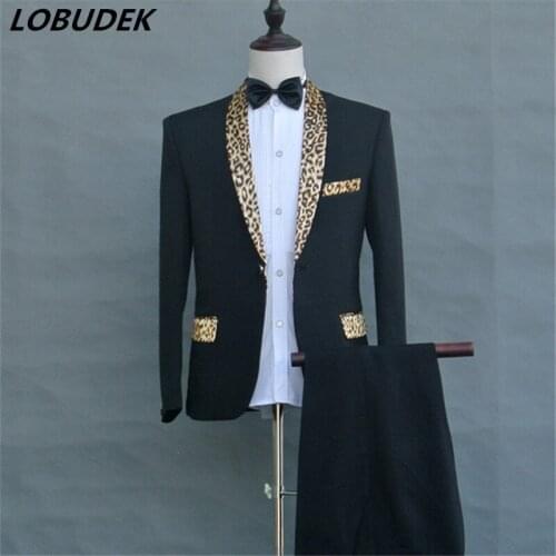 Jacket+tie+pants) Formal Prom Program host mens dress Leopard male suit sets New singer stage costume Party performance outfit