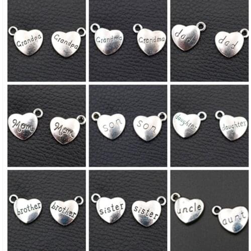 Heart-shaped Family Tag Pendant Grandparents Charm Dad Mom Charm Uncle Aunt Charm Brothers Sister Charm Son Daughter Charm10pcs