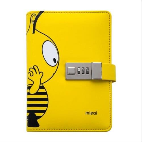 Popular A6 Binder Diary Notebook with Password Lock Cute Cartoon Bee Notepad PU Leather Planner Spiral Ring Handbook
