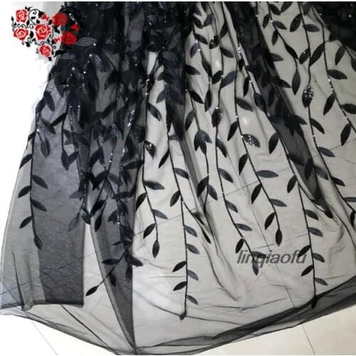 Translucent black blue leaves sequins embroidered fabric costume dress dress mesh fabric