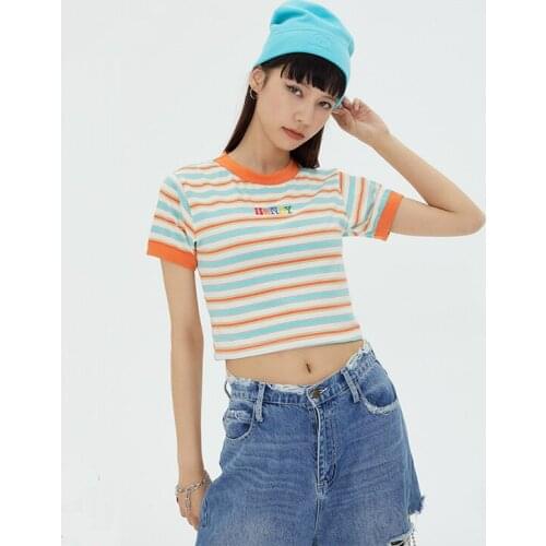 Vintage Striped Embroidery Honey Y2K Crop Top T Shirt for Women Kawaii Girls 2000s Aesthetic Short Sleeve Cotton Y2K T-shirt