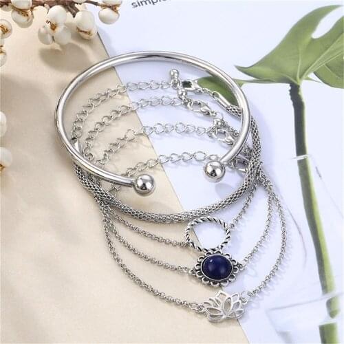 UMKA Classic Bohemian Jewelry 5 Piece Set / WomenS New Fashion Personality Vintage Lotus Bracelet Set