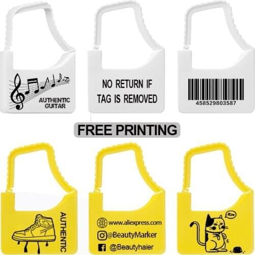 WONXEATH 100Pcs Custom Logo Tag Label Disposable White Yellow Plastic Garment Security Seal Tag for Clothes Shoes Bags Logistics