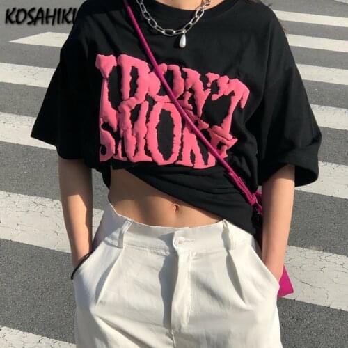 KOSAHIKI Summer T-shirt Korean Fashion Top Tees Womens Loose Short Sleeved 3D Letter T Shirt Clothes Female Tops Tees