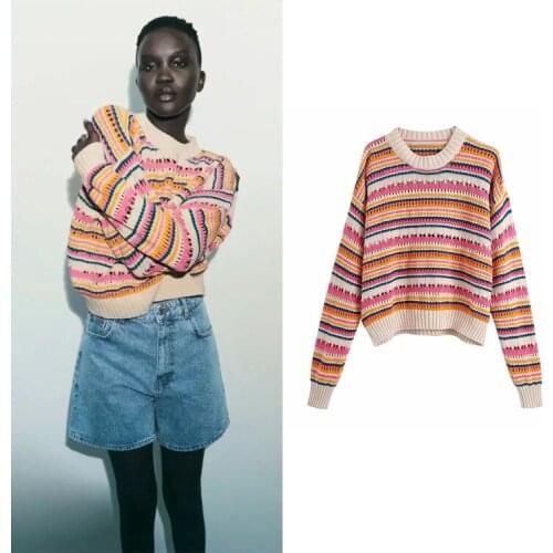 Street Hipster Personality Striped Color Contrast Sweater Autumn 2021 Womens Crocheted Hollow Loose Slim Top