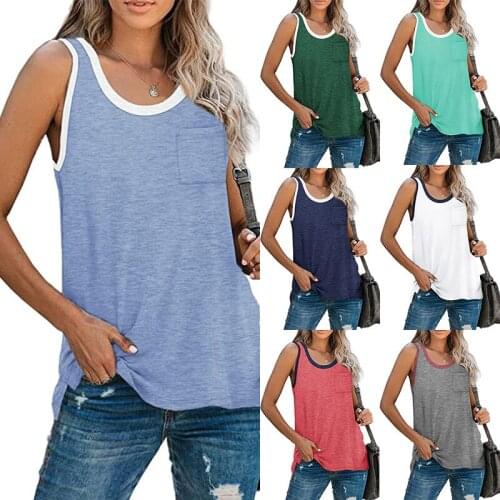 2022 New Summer Womens Stitching Top Urban Casual Streetwear Contrast Color Collar Wide Loose Vest Sleeveless Pullover T-shirt