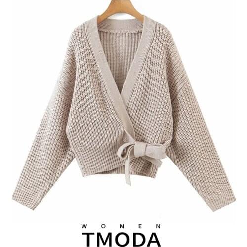TMODA1676 2021 Autumn Winter Chunky Knit Cardigan Drop Shoulder Long Sleeve Wrap Front Lace-Up Women Loose Sweaters Pull Femme