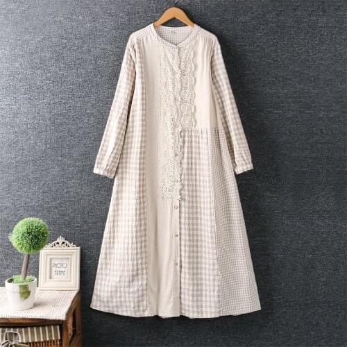 2020 New autumn Women Cotton Dress Mori Girl Literary Lace Stand Collar Long Sleeve Plaid Loose Long Dresses Women