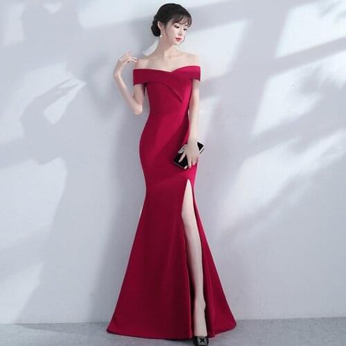 Red Mermaid No Shoulder Vintage Gown Qi Pao Women Chinese Evening Dress Cheongsam Modern Bride Dresses Qipao Robe Orientale