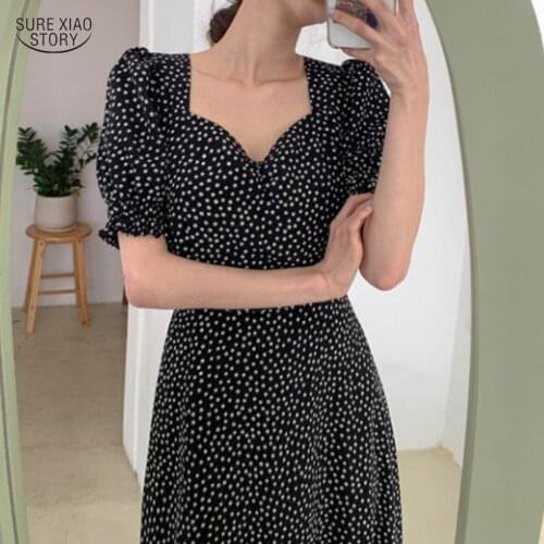 2021 Slim Fit Dot Puff Sleeve Dresses Women Korean Fashion Square Collar Party Dress Summer Black Maxi Dress Vestidos 14393