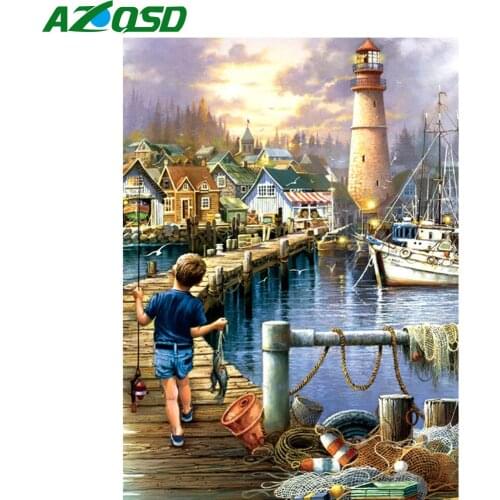 AZQSD Full Kits Diamond Embroidery Lighthouse Seaside Mosaic Handmade Gift Diamond Painting Landscape Needlework Home Decoration