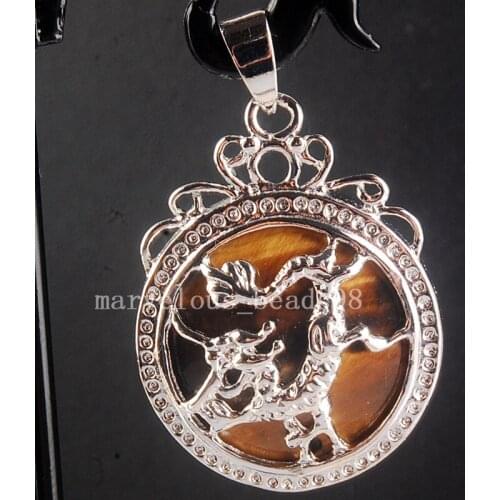 Free shipping 38x28mm Fashion Jewelry Tigers Eye Round Dragon Pendant Bead MC3748