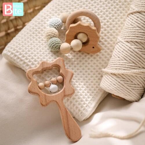 Bite Bites 2PCS/Set Bed Bell Wooden Rattles Rodent Crochet Beads For Newborn Toys Baby Teether Beech Animal Bracelet Child Goods