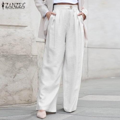 Elegant OL Ladies Pants Women Autumn Trousers 2021 ZANZEA Casual High Waist Solid Wide Leg Palazzo Loose Long Pantalon Turnip