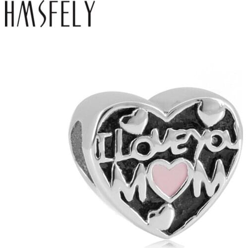 HMSFELY 316l Stainless Steel Heart Beads love you Mom Beads For DIY Mothers Day Gift Charms Bracelets Jewelry making Bead 4pcs