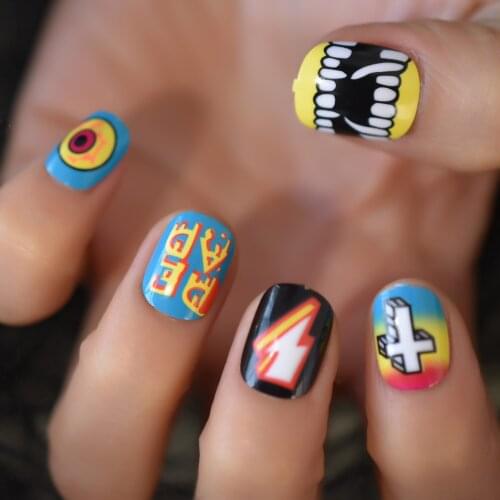 Personality Rebellious Treason Nails Anime Cartoon Nail Tips Full Cover Nails Teeth Eyeball False Rianbow Cross Design Wholesale