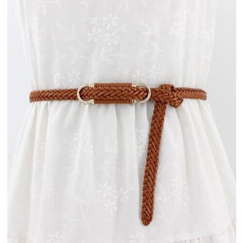 Fashion Ladies Dress Decorated Waist Chain Womens Belt Braided Buckle Fake Straw Waistband Thin Belt