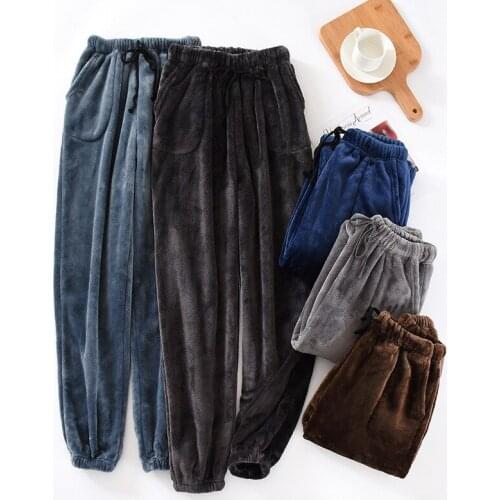 Mens Winter Thickened Flannel Pajama Pants Close-up Leg-cutting Home Trousers High Waist Loose Coral Fleece Sleep Bottoms 2020