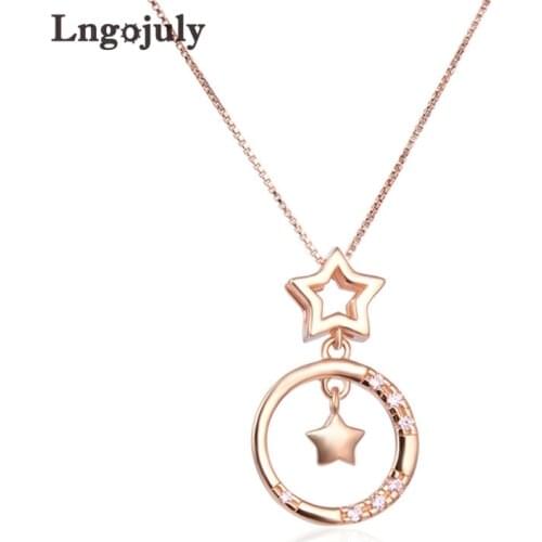 Genuine 925 Sterling Silver Round&Star Pendant Necklaces For Women Bride Wedding Engagement Party Silver 925 Jewelry Gifts