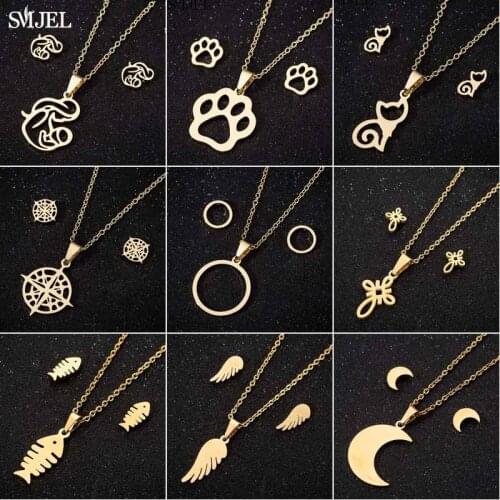 SMJEL New Arrival Stainless Steel Half Moon Necklaces for Women Girls Simple Crescent Cat Earrings Piercing Necklace Earrings
