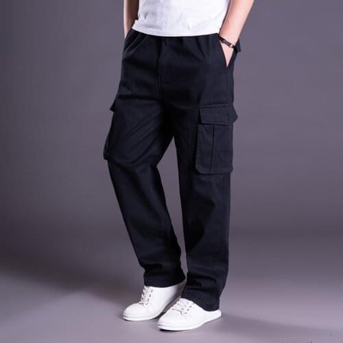 New Mens Solid Color Pants Cotton Sweat-absorbing Plus Size Casual Outdoor Overalls Loose Pocket Soft Breathable Thin Trousers