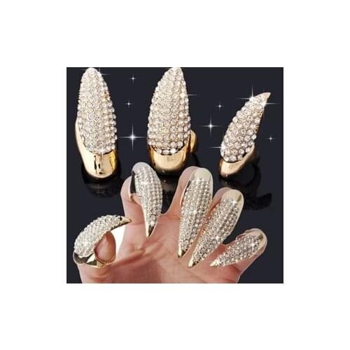 Punk Rock Full Rhinestone Crystal Long Large Cat Claw Nail Ring Sharp Paw Talon Finger Rings 3 Sizes Black Gold Colors rock