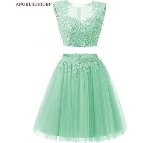 ANGELSBRIDEP Sheer-Neck Homecoming Dresses Vestidos de festa Fashion Applique Tulle Graduation Formal Party Gowns